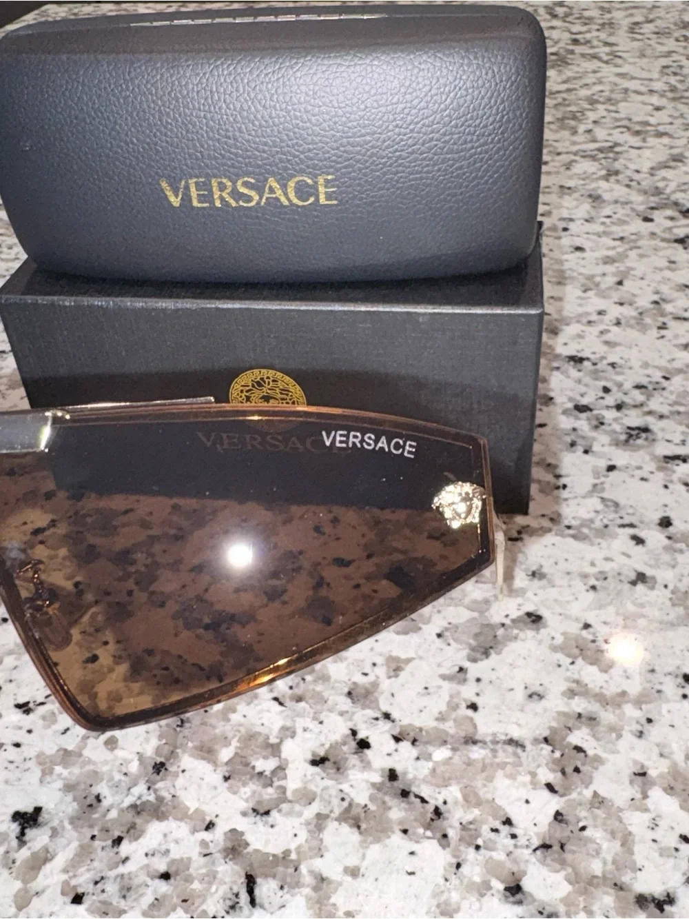 Versace Gold Frame Brown Shield Sunglasses with Logo Accent